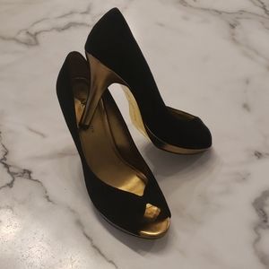 Black and gold suede peep toe heels